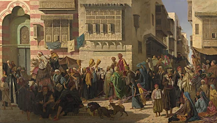 Een sjeik en zijn zoon komen Caïro binnen na hun terugkeer van een pelgrimstocht naar Mekka